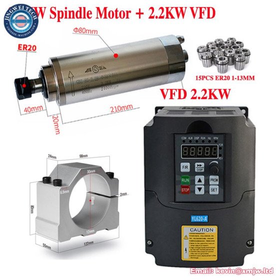 CNC Router 2.2KW 1.5KW Frequency Converter VFD Variable Driver Water Cooled Spindle Motor 800W 1500W 2200W ER11 ER20 Chuck